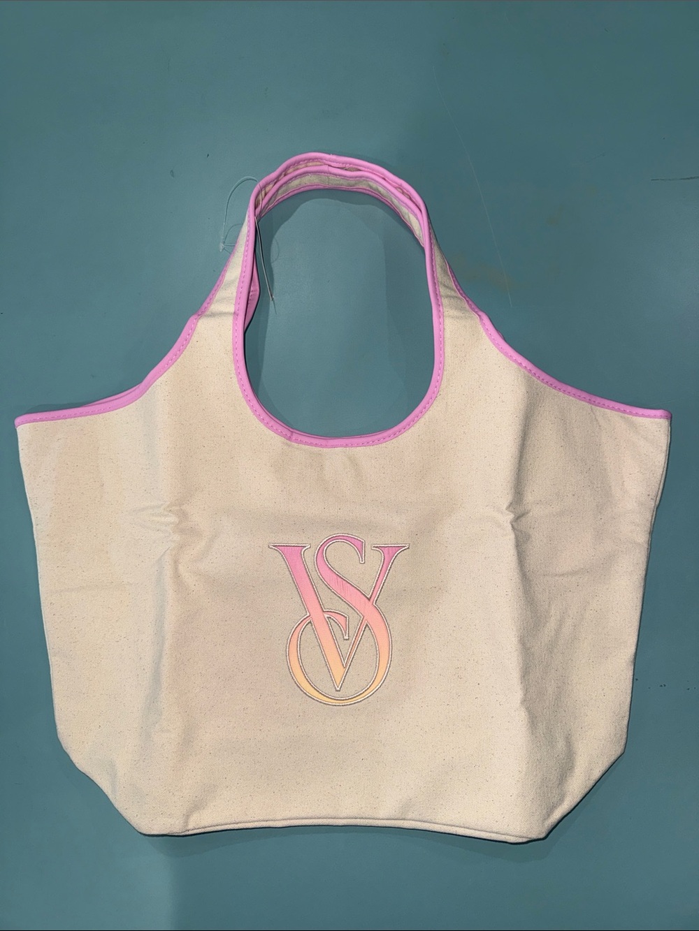 Victoria's Secret Cream Canvas Tote with Pink Trim